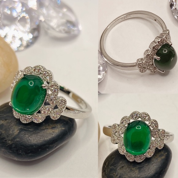 Art Deco Emerald Zircon Gemstone Micro Paved Halo Ring - Picture 6 of 6